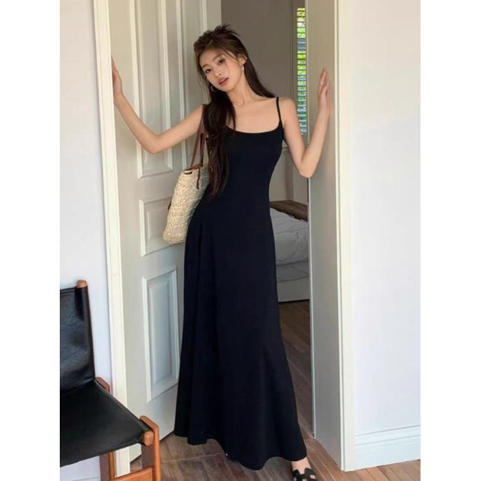 French gentle pure desire style Spice girl waist suspender dress women's summer slim and thin temperament A-shaped long skirt