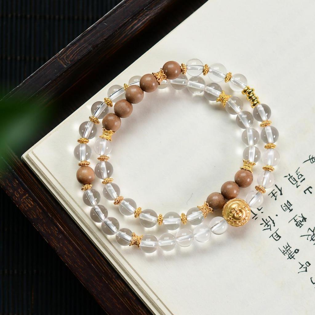 Natural White Crystal & Sandalwood 925 Silver Wealth Bead Double-Strand Bracelet