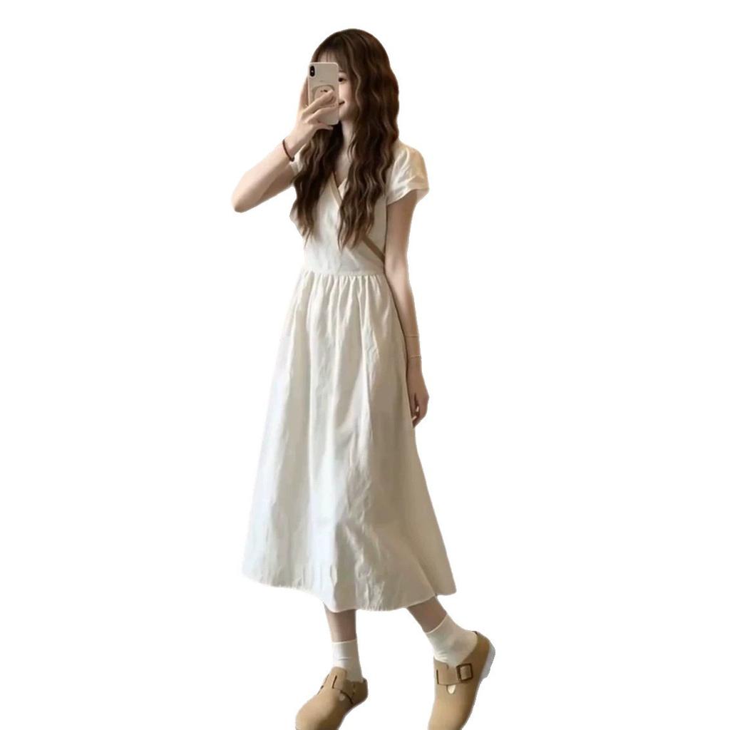 French White V-neck Dress Children's Summer New Popular Beautiful Waist Pinched Beautiful Non-collision Long Dress