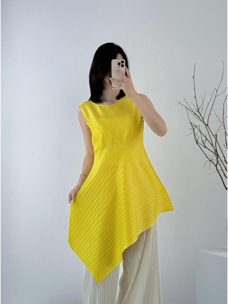 Miyake Pleats PP Irregular Sleeveless Long Dress - Japanese Casual, Waist-Cinched, Slimming, Lightweight Luxury Fashion.