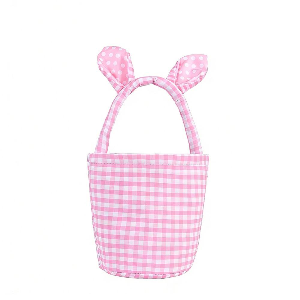 Grid Design Rabbit Ear Basket Breathable Material Plaid Pattern Easter Eggs Basket Bunny Ear Handle Moisture Resistant