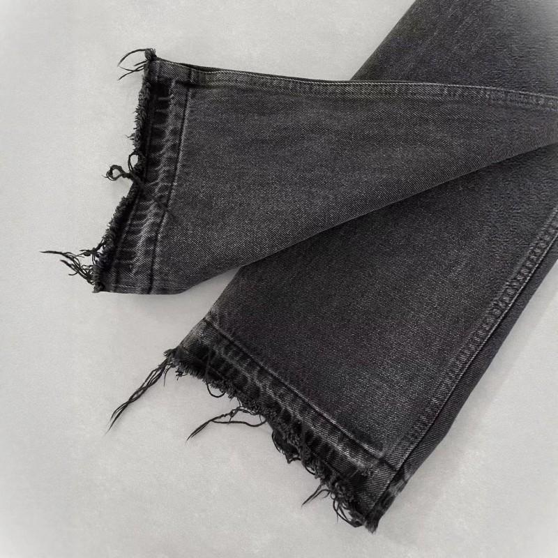 Mens Black Distressed Slim Fit Denim Jeans With Fringe Detail Vintage Washed Mid-Rise Flared Leg