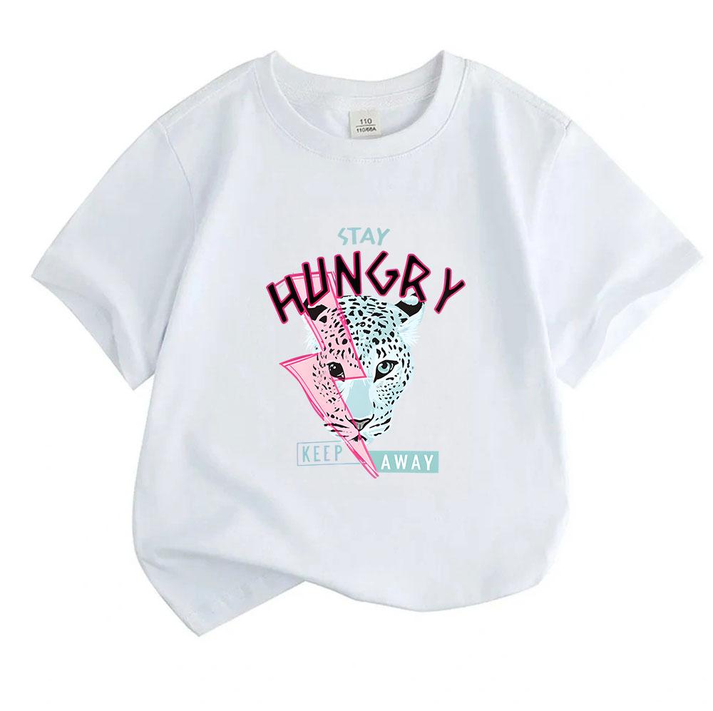 Kids Boys Girls 100% Cotton Short Sleeve Crew Neck T-Shirt, Stay Hungry Leopard Lightning Print Casual Soft Breathable Summer Tee for Children Daily W