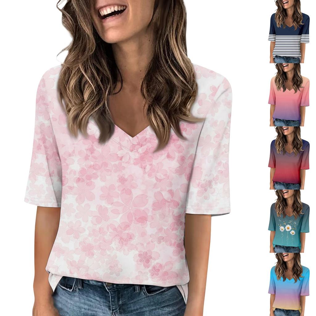 Women's V Neck T Shirts Half Sleeve Tops Printed Casual Summer Tees T Shirt Blouse