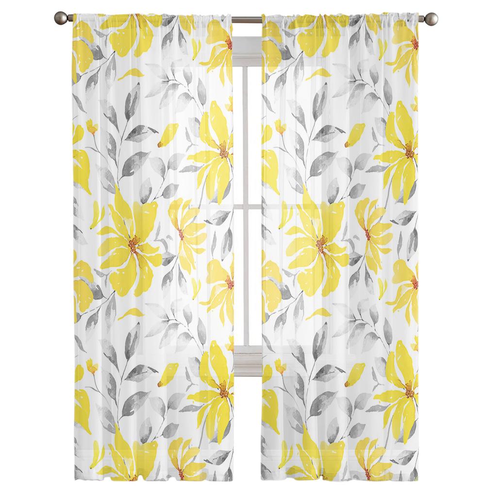 Watercolor Yellow Flowers Abstract Sheer Voile Window Curtains Tulle Curtains Living Room Balcony Decoration Drapes