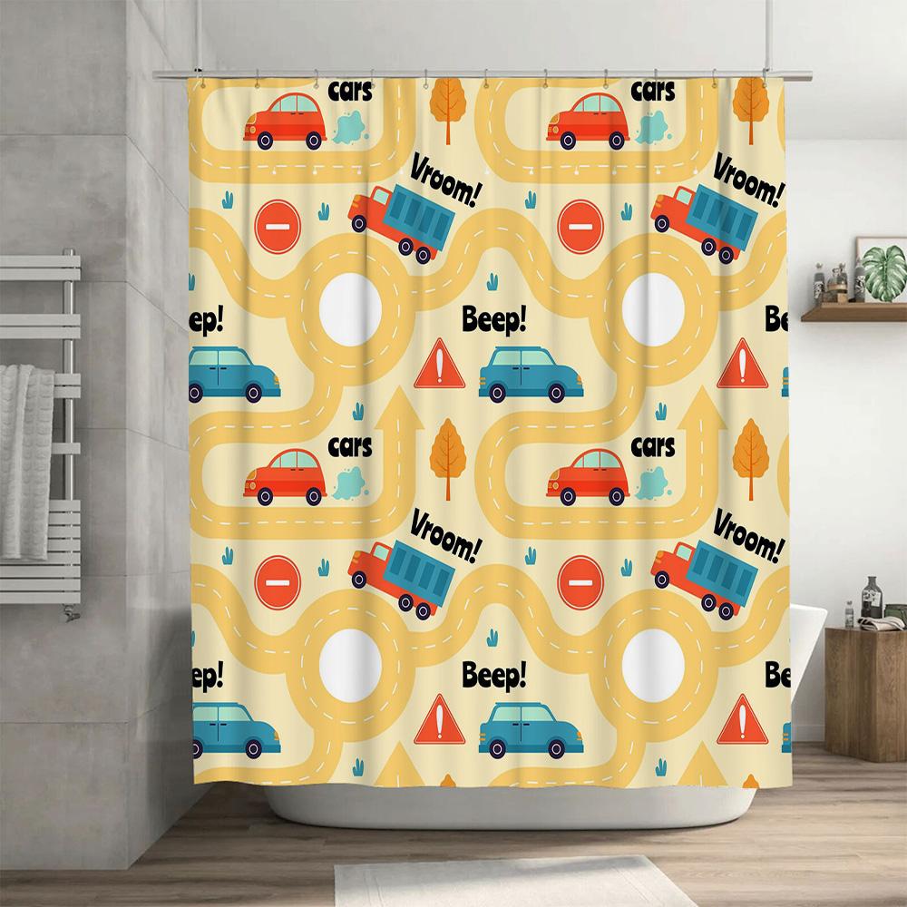 Vibrant Car-themed Bathroom Shower Curtain for Kids Fun Animal Print Waterproof Fabric Shower Curtain with Hooks Set Home Decor