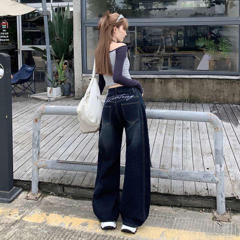American Retro Embroidered Scimitar High-Waisted Wide-Leg Jeans, Women s Loose Floor-Length Pants L