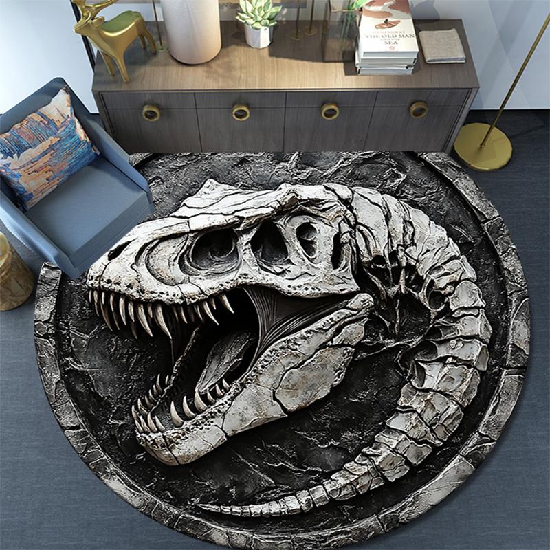 Dinosaur Skull Round Area Rug,Carpet Rug for Living Room Bedroom Sofa Playroom Decor,Non-slip Floor Mat
