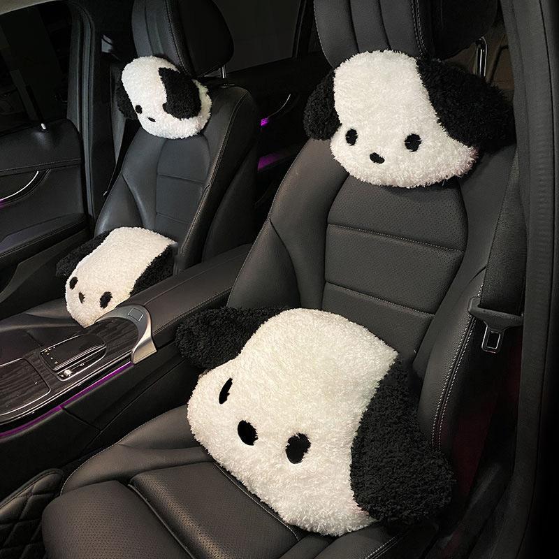 Niedliches schwarz-weißes Hunde-Auto-Kopfstützenkissen aus Plüsch, bequem und bequem