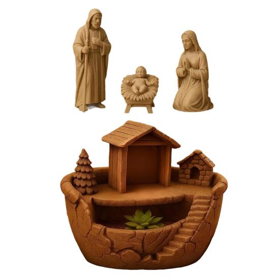 Nativity Set Indoor Decor Rustic Collectible Jesus Mary Joseph Figurine 3D Printed Religious Manger Planter Pot for Christmas Tabletop Decor