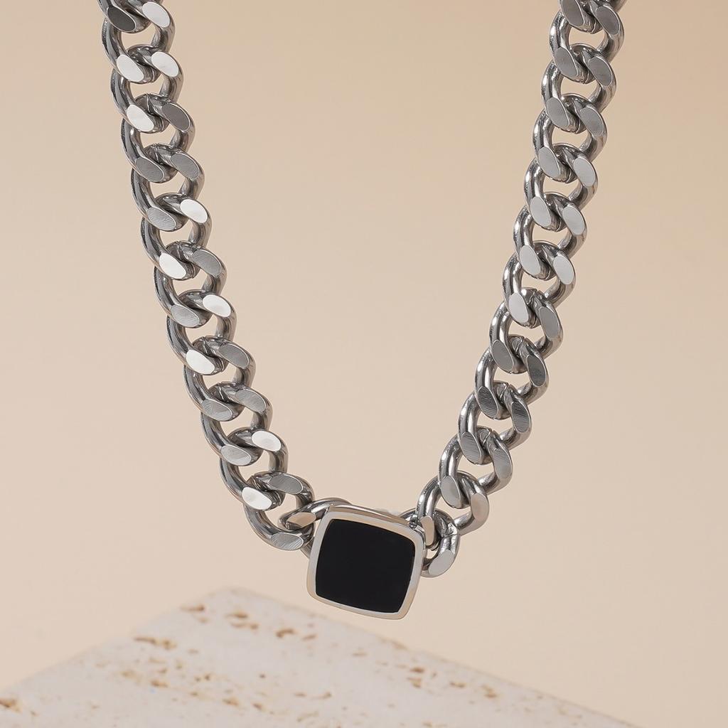 Trendy Personality Stainless Steel Thick Chain Necklace Black Square Collarbone Chain Bracelet Sets for Men Women Unisex Jewelry