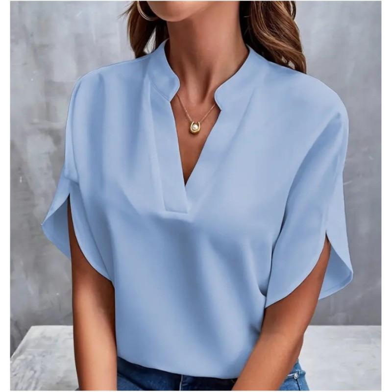 Damen Sommer V-Ausschnitt Elegantes Hemd Einfarbig Locker Kurzarm Freizeit-Top