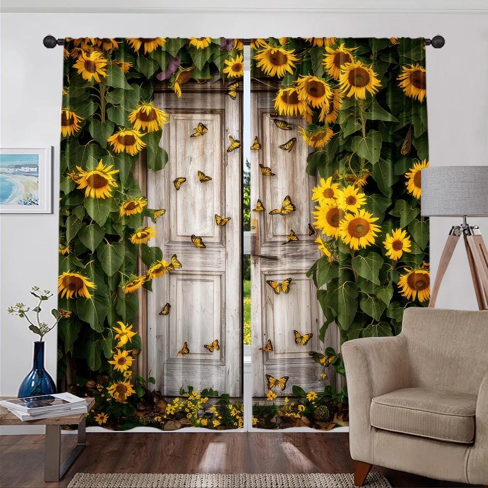 2pcs Vibrant Sunflower Curtains Blackout Window Drapes Rustic Decor Holiday Window Treatment Farmhouse Decor Rod Pocket Cur