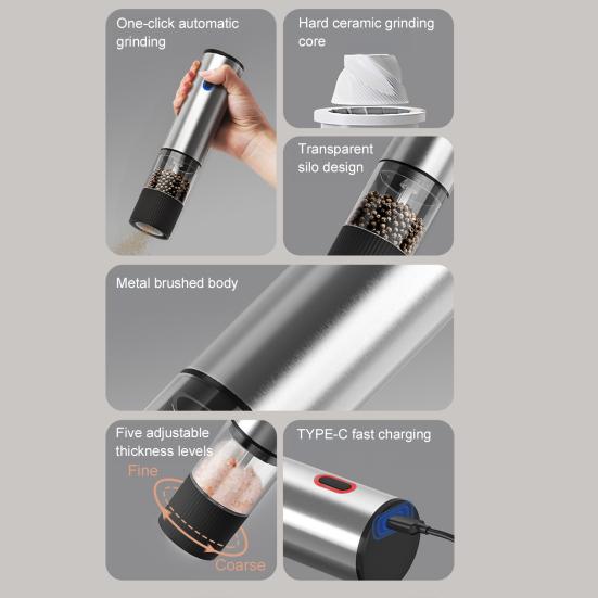 Elektrisches Salz- und Pfeffermühlen-Set mit LED-Licht, einstellbarer Mahlgrad, Salzmühle, wiederaufladbare Pfeffermühle für BBQ, Camping