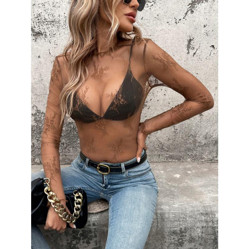 Women Half Turtleneck Lace Floral Mesh Slim Fit Long Sleeve Base Top