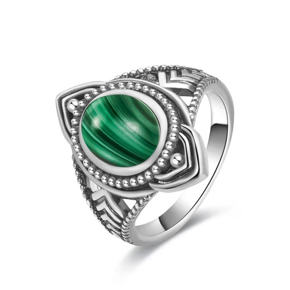 Vintage S925 Silver Ring Oval Round Natural Malachite Ring Sun And Flower Shaped Retro Fine Jewelry For Women Men