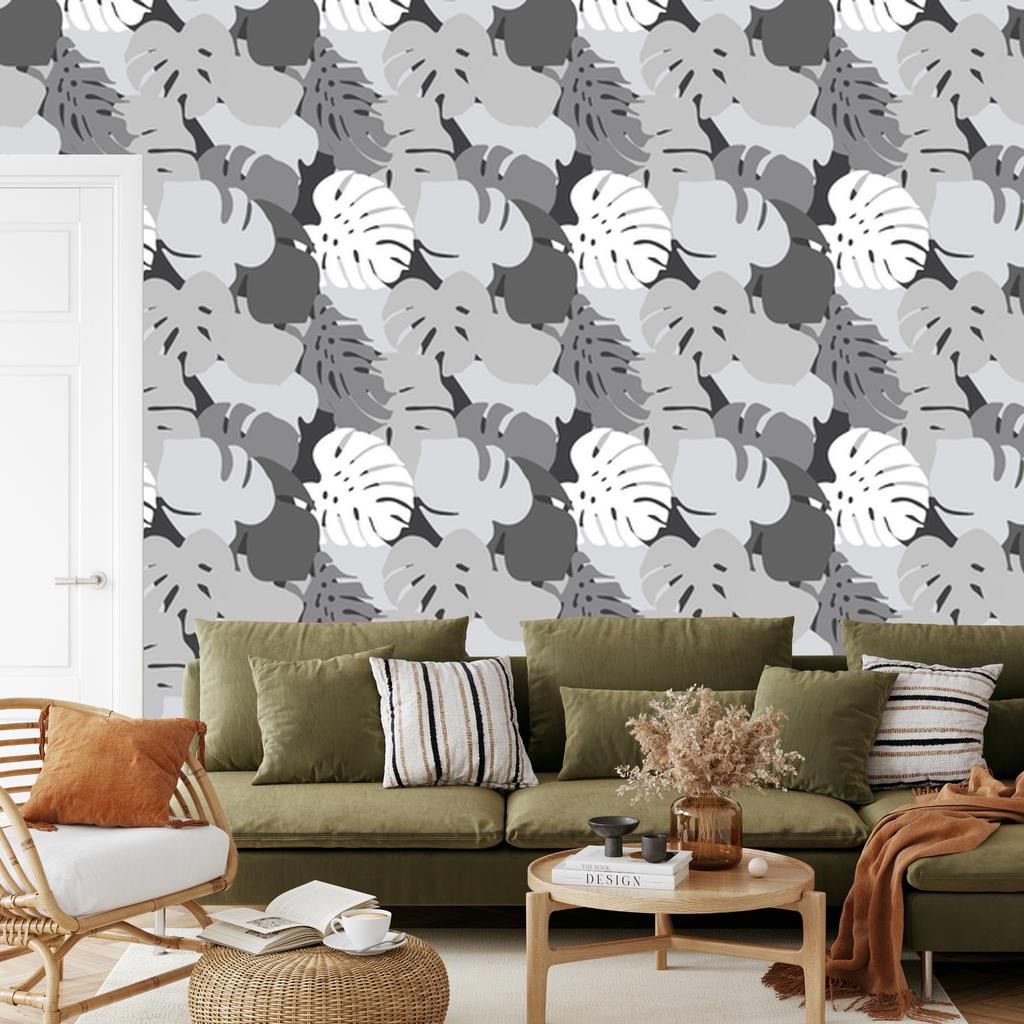 Tropical Leaves Wallpaper in Shades of Gray for Living Room and Bedroom 50x1000