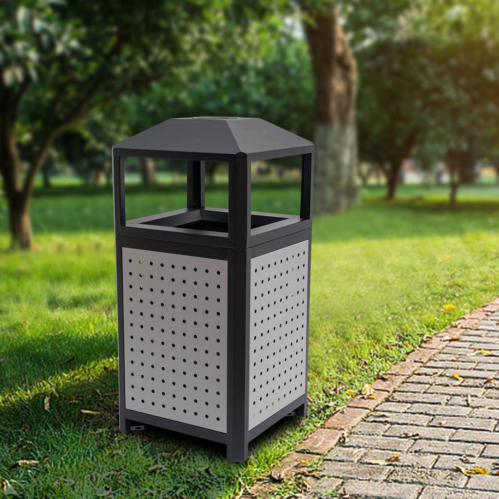 15 Gallon Grey Commercial Trash Can with Ashtray, 56L Large Capacity Outdoor Garbage Bin, 16x33 Inch Industrial Waste Container