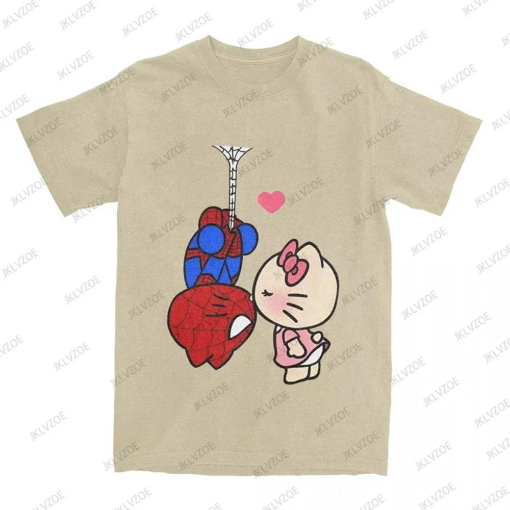 Sommar Tecknad Hello Kitty Spiderman Tryckt Bomulls T-shirt Dam Herr Kortärmad O-hals T-shirts Casual Mode Harajuku Y2K Toppar
