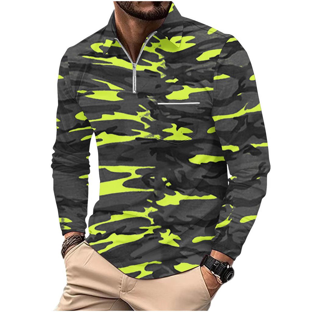 Men's Camouflage Sweatshirt Polo Shirt Zip Pocket Men's Long Sleeve Sports Polo