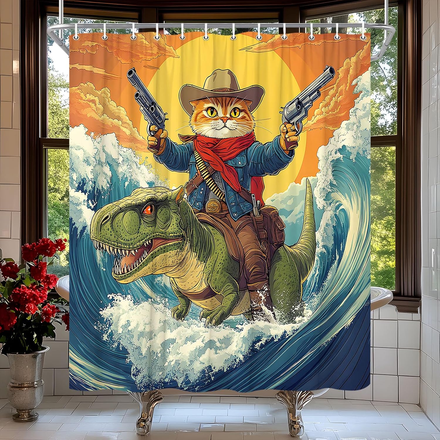 Textile Article Men's Light Funny Cat Shower Curtain Western Cowboy Cat Riding Dinosaur Ocean Fun Fighting Hilarious Humor Cartoon Animal Bath Curtain