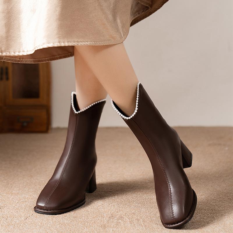 Beaded High Heels Ankle Boots Women Leather Shoes Brand Winter Chunky Fashion Shoes  Trend Classics Pumps Snow Botas Mujer