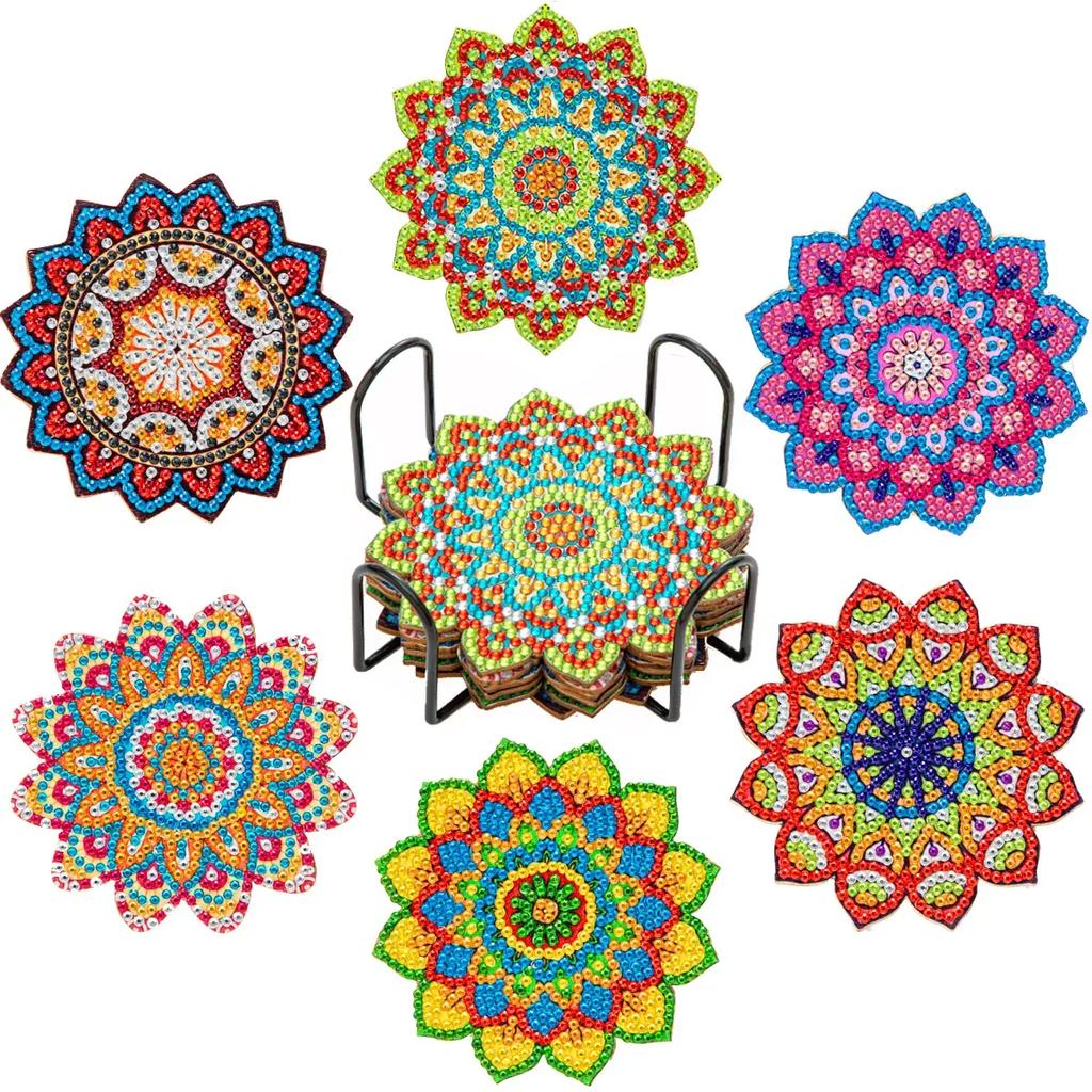 6ks/sada Diamond Malířské podtácky 5D DIY kulaté diamantové mozaikové podložky pod poháry Mandala s držákem