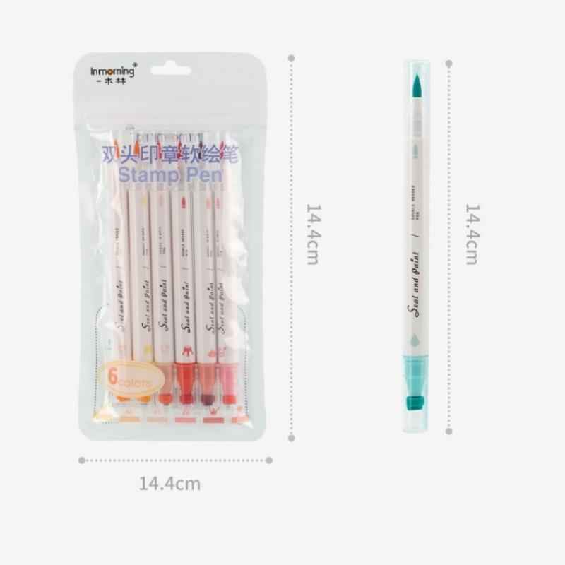 6pcs Color Stamp Pen Set Seal Paint Dual-side Brush & Highlighter Liner Art Marker for Drawing