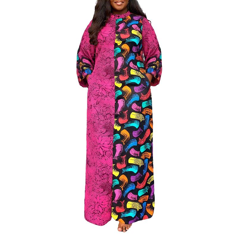 Übergroßes Damen Langarm Print Patchwork Lässiges Lockeres Maxi Kaftan Kleid