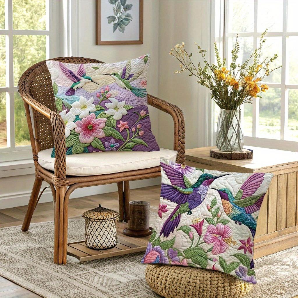 Short Plush Material Pillowcaseexquisite Quilted Pillowcases With Hummingbirds And Floral Sofa Cushion Cover Home Room Decorati