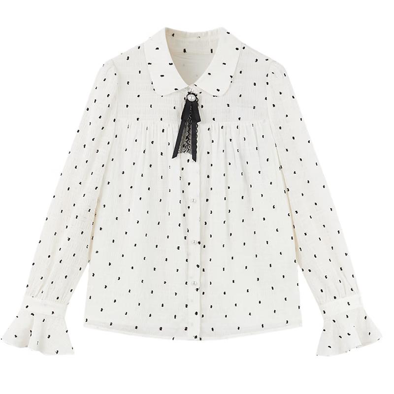 Qiushui Yiren Women s Retro Polka Dot Tie-Neck Blouse S
