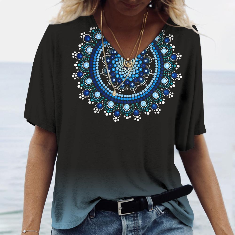Summer Mandala Gradient 3D Print T-shirt Women Streetwear Fake GlitterT Shirts Tops Woman V-Neck Tees Oversized Clothing