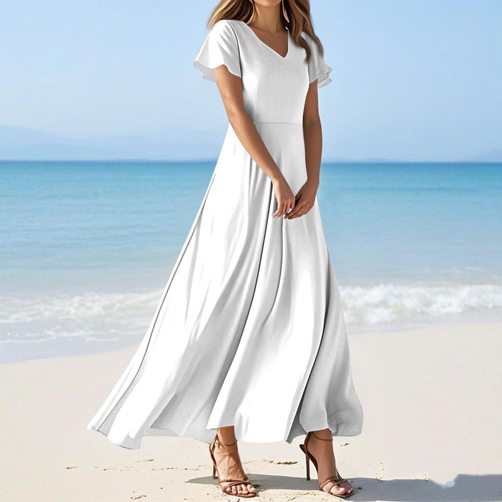 Women's Summer Casual Fashion Solid Color Dresses V-Neck Short Sleeve Dresses