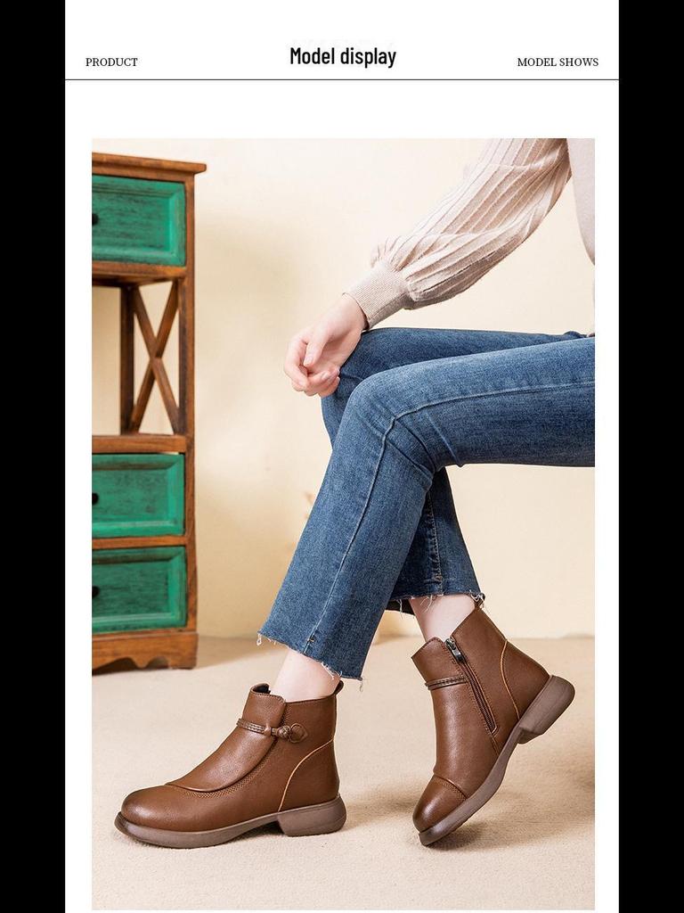 2024 Women's Winter Leather Short Boots: Warm, Non-Slip, Thickened Cotton for Middle-Aged & Elderly