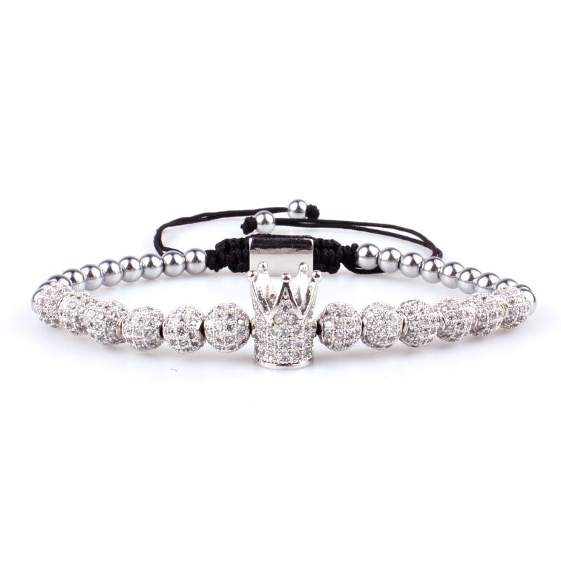 Stylish Micro-inlaid Zircon Punk CZ Ball Crown Woven Bracelet