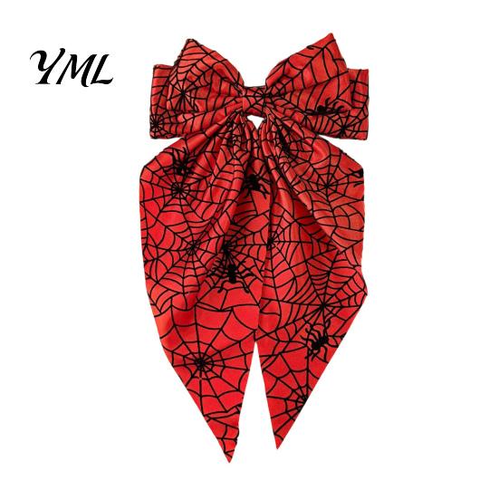 Holiday Themed Hair Accessories for Women Halloween Bow Clip Girls, Spider Web Barrettes Chic Satin Bows with Streamers Clips, Large Bowknot