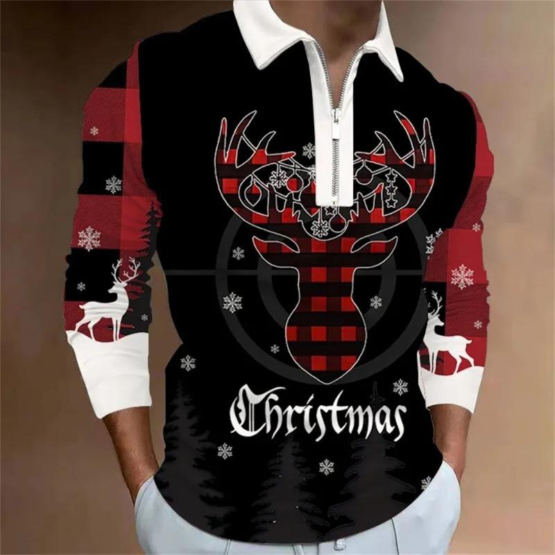 Men Fashion Spring Autumn Polyester Zippo Polo Shirt  Christmas 3D Digital Print Casual Polo Shirt Tops