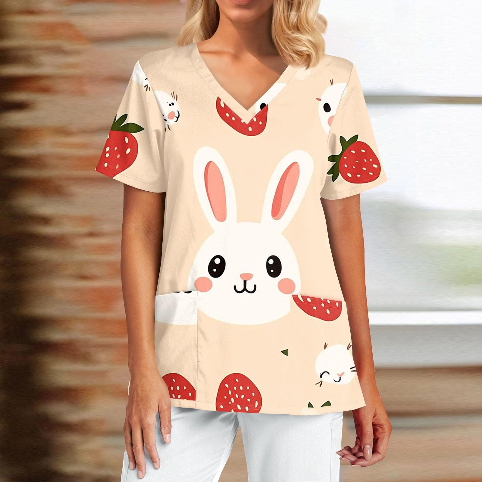 Women s Fashion Easter Print Short Sleeve V Neck Pocket  Top L