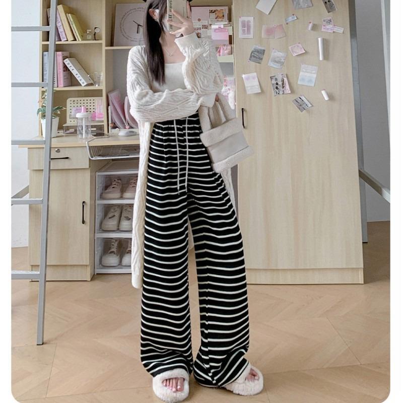 Knitted striped wide-leg pants women's spring and autumn new lazy wind glutinous rice pants high waist walking sports casual pants