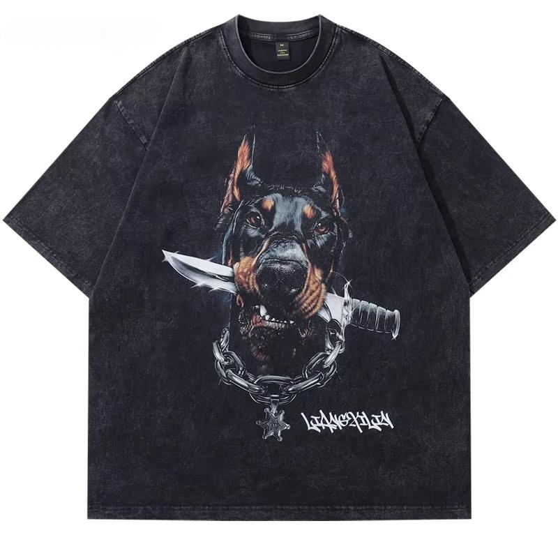 Lustiger Dobermann Hund Grafikdruck Vintage T-Shirt Streetwear Oversized Gewaschenes T-Shirt High Street Diablo Altes T-Shirt Hip Hop T-Shirts