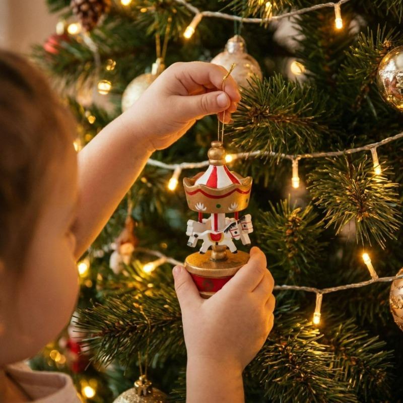 Vintage Christmas Wooden Rotating Horse Carousel Drop Ornaments Xmas Tree Mini Hanging Pendants New Year Party Supplies