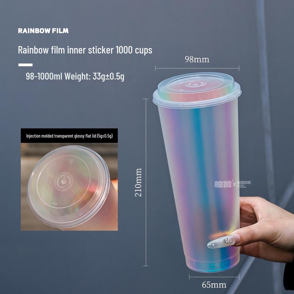 1L Disposable Rainbow Milk Tea Cup with Lid, 98mm Caliber, Colorful Laser Film Inner