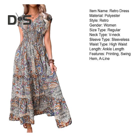 Letnia sukienka maxi z głębokim dekoltem V, krótkim rękawem, w stylu bohemy, z kolorowym nadrukiem, elastyczną wysoką talią, falbankowym szwem na dole, w kształcie litery A, sukienka plażowa