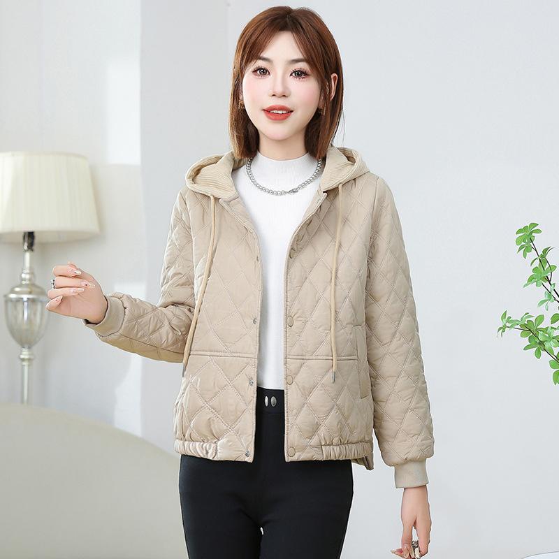 Krótka, bawełniana, lekka, rombowa, zachodnia kurtka damska, cienka, z kapturem, puchowa, zimowa, ciepła, ocieplana bawełną