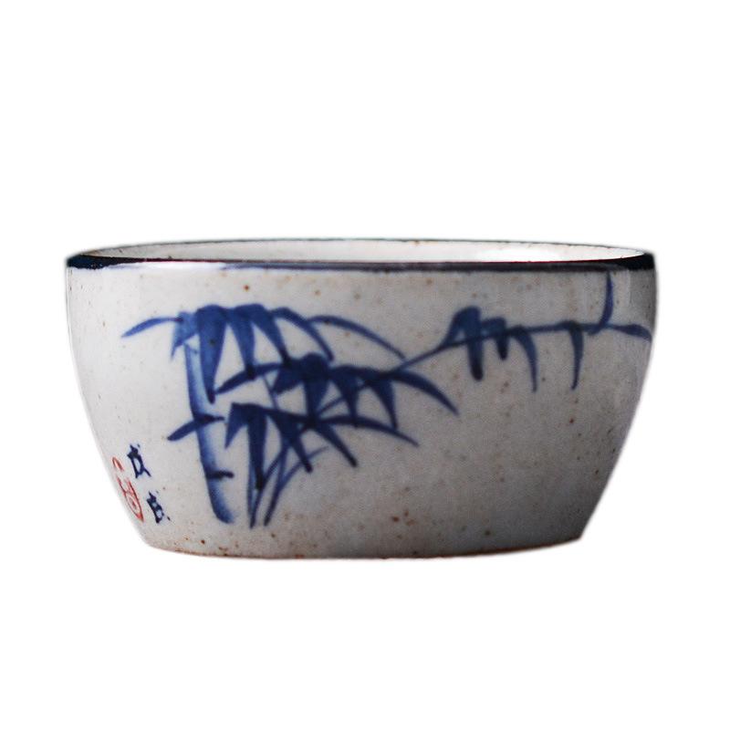 Hand-Painted Blue & White Coarse Pottery Teacup Set - Ceramic Gongfu Tea Cup, Small Cup for Pu'er Tea Ceremony