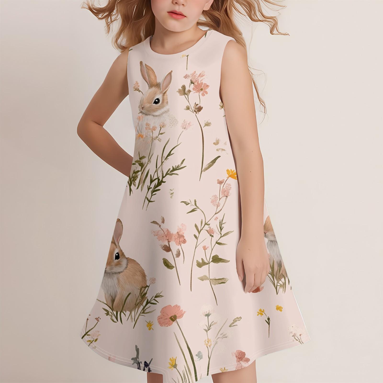 

Девочки мода повседневный без рукавов круглый вырез пасхальный принт платье 110 бежевый