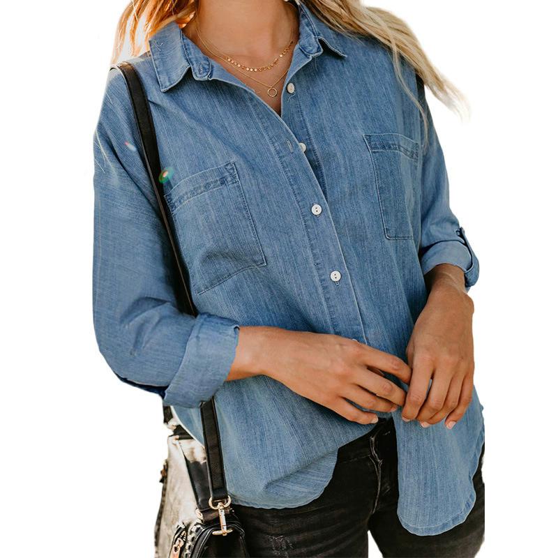 Spring Autumn Women's Denim Blouse Solid Lapel Long Sleeve Shirts Fashion Casual Office Lady Tops