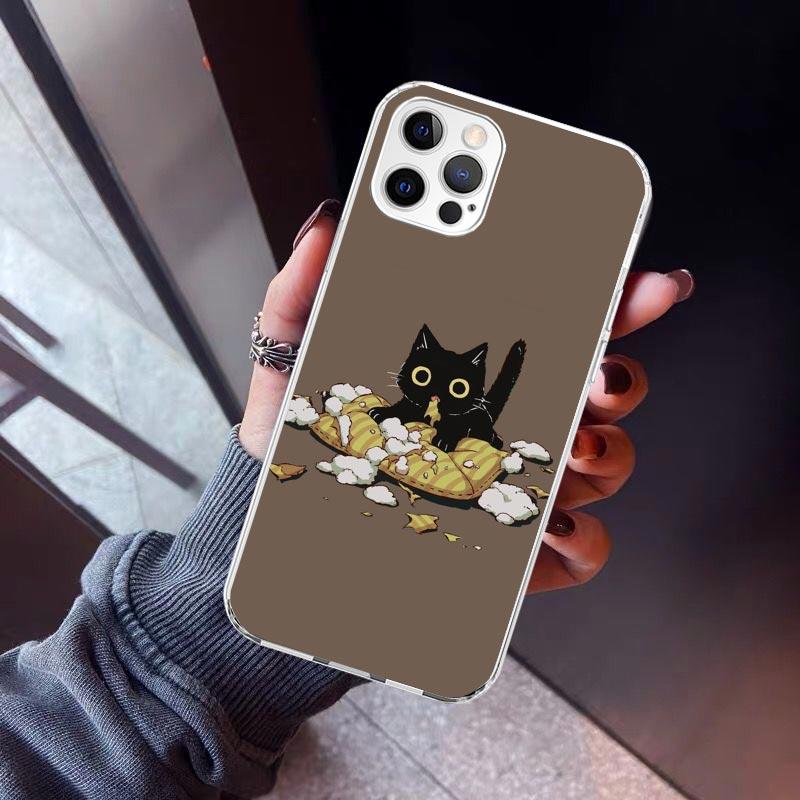 Cartoon Cute Black Cat Phone Case For iPhone 17 Air 16 15 Pro Max 14 Plus 13 Mini 12 11 Cover 7 8 SE Silicone Shell Print Fundas