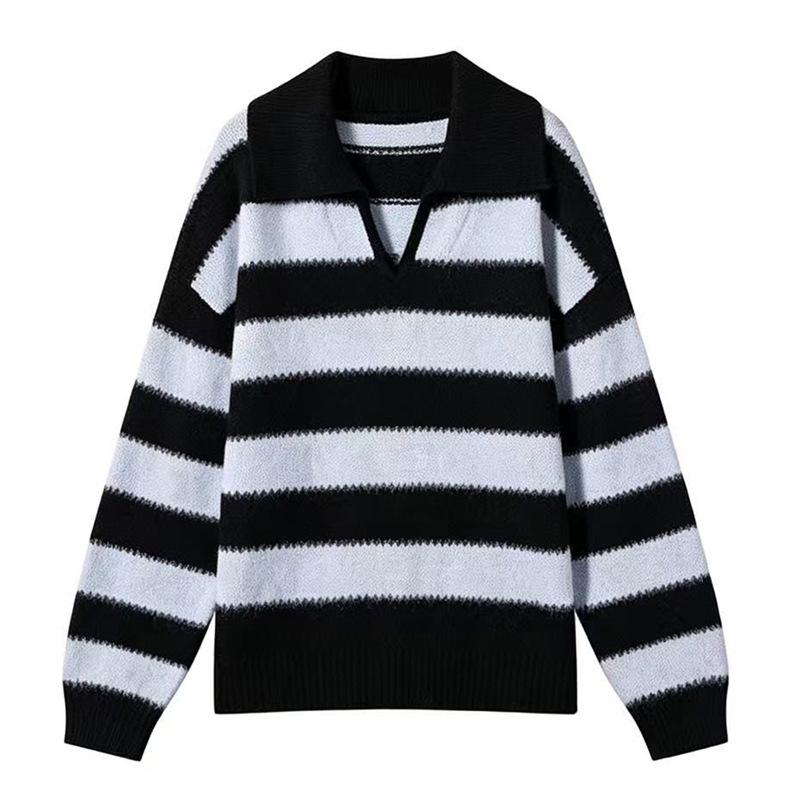 Korean Style Color Block Striped Wool Knit Pullover - Women's Loose Long Sleeve Sweater for Autumn/Winter