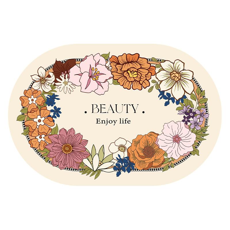 Retro Oval Bathroom Floor Mat Bathroom Anti-slip Mat Diatom Mud Water Absorption Mat Carpet Bathroom Toilet Foot Mat Door Mat